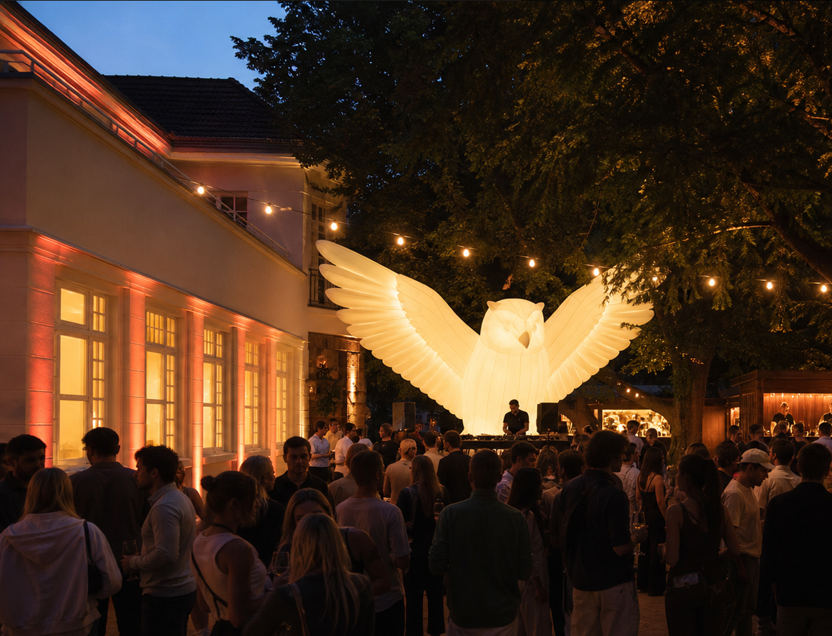 Eulennest Summer Party mit großer Eulen-Installation vor dem Bellevuechen im Park